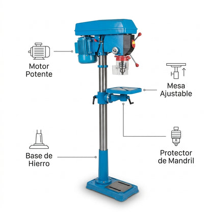 Pedestal Drill Press — Infografia de Caracteristicas | Generated by Modelize