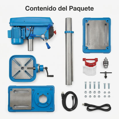 Industrial Pedestal Drill Press — Contenido del Paquete - Vista Aerea | Generated by Modelize