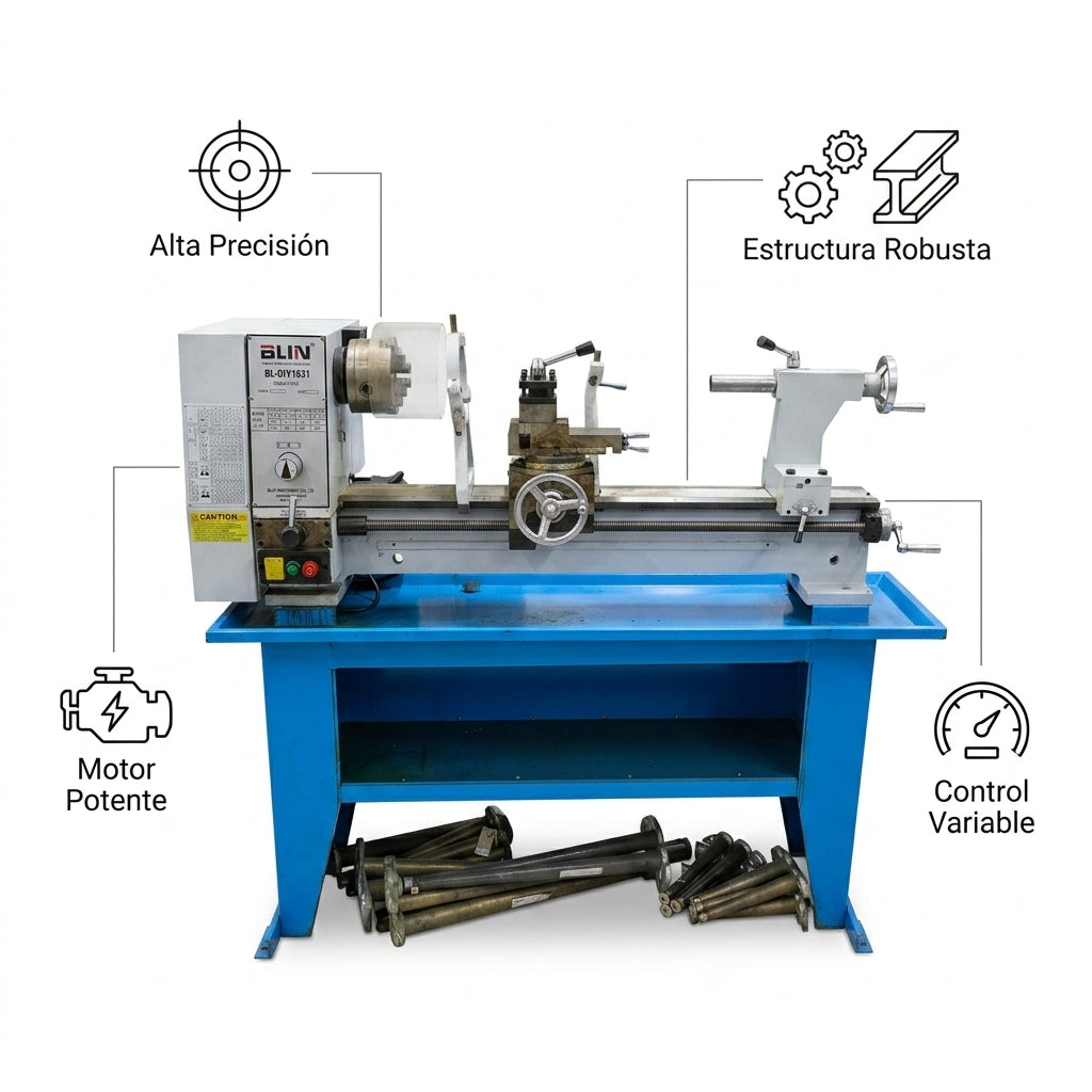 Industrial Bench Lathe — Infografia de Caracteristicas | Generated by Modelize