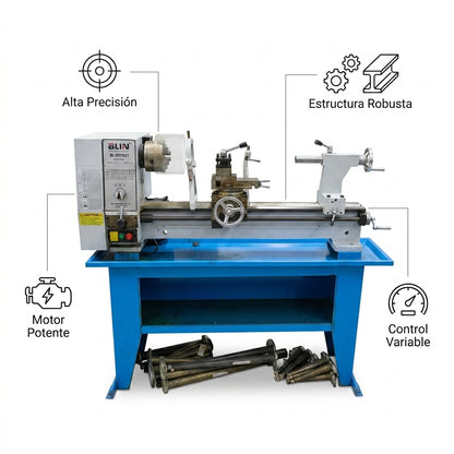 Industrial Bench Lathe — Infografia de Caracteristicas | Generated by Modelize