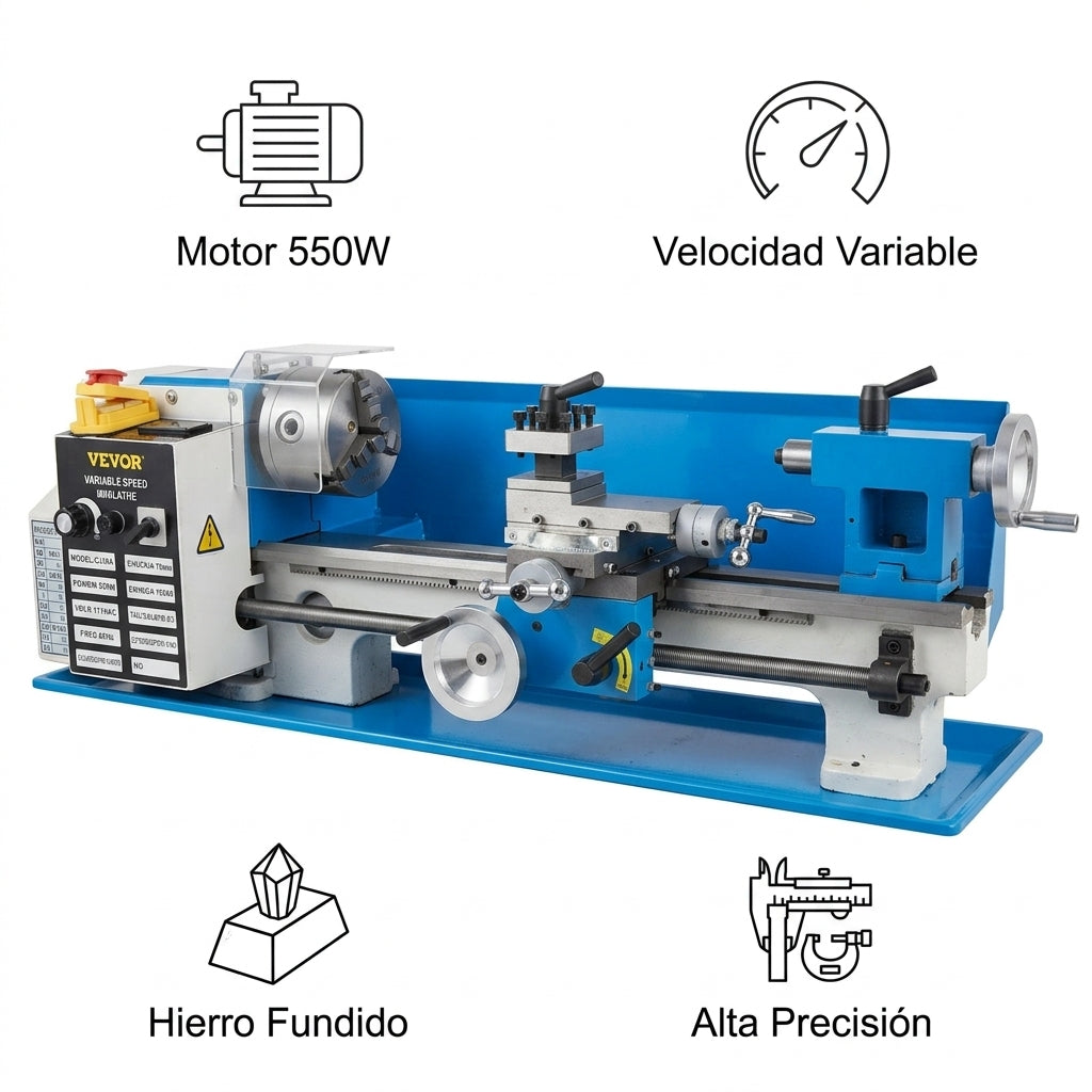 Mini metal lathe — Infografia de Caracteristicas | Generated by Modelize