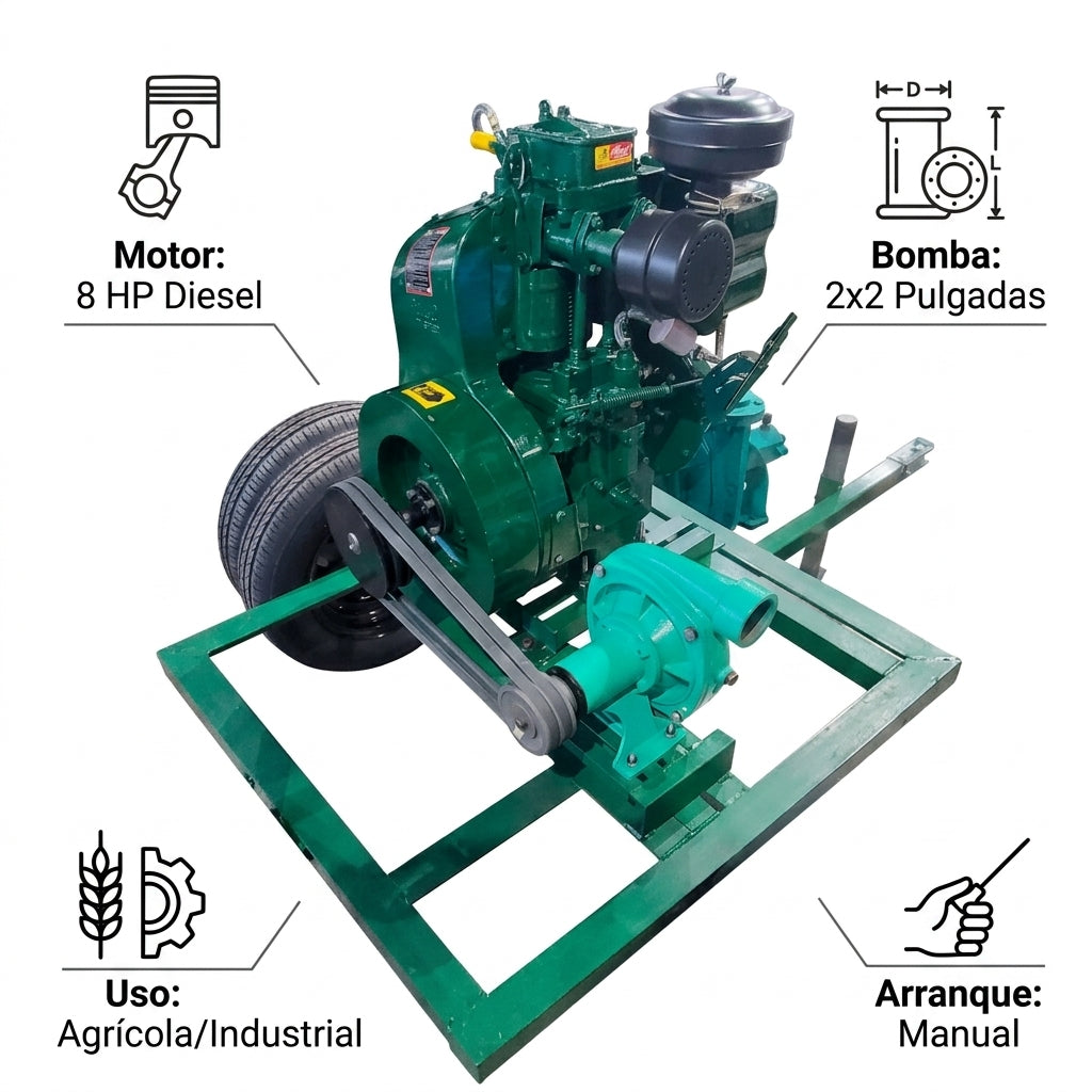 Industrial diesel water pump system — Infografia de Caracteristicas | Generated by Modelize